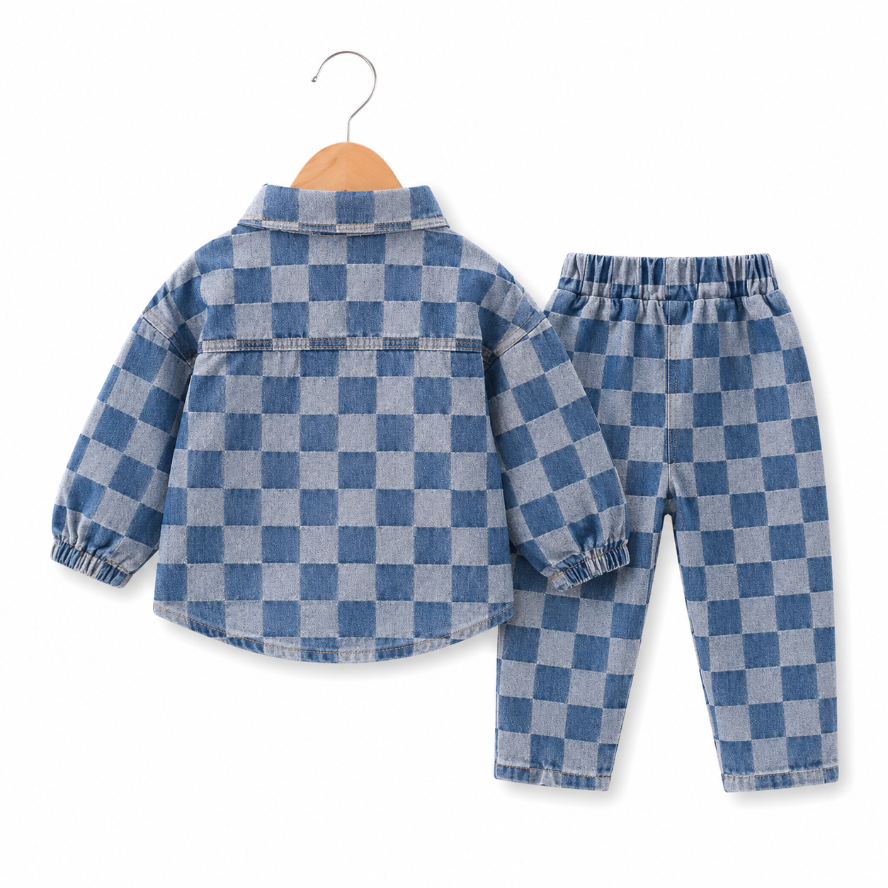 Blue Checkered Denim Utility Set