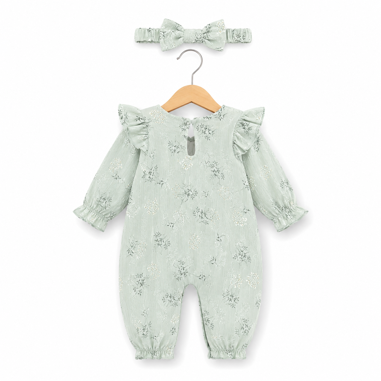 Baby Girls' Small Floral Lotus Collar Long-sleeved Jumpsuit Plus Headscarf