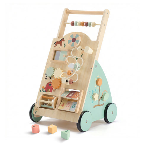 Montessori Wooden Baby Walker | Adjustable Speed Push Walker with Activity Center