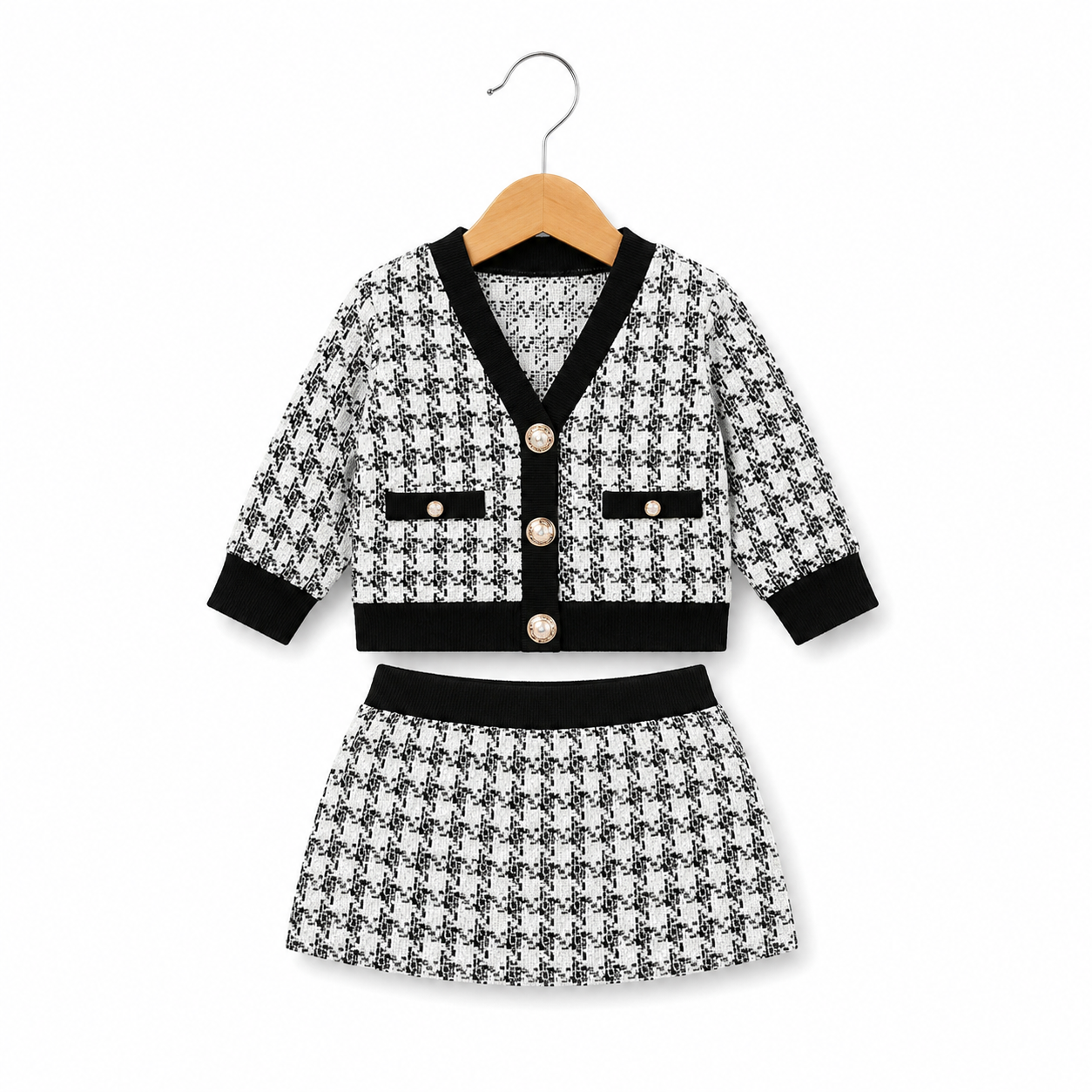 Monochrome Houndstooth Cardigan Skirt Set