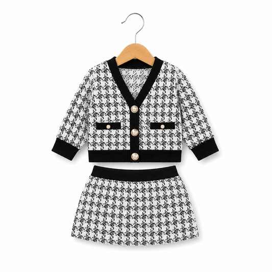 Monochrome Houndstooth Cardigan Skirt Set