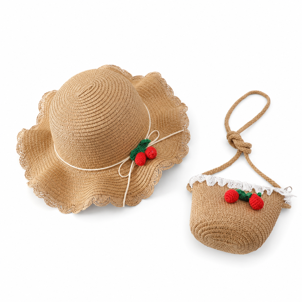 Girl Cherry Straw Hat Bag Set Princess Hat Beach Hat Sun Hat