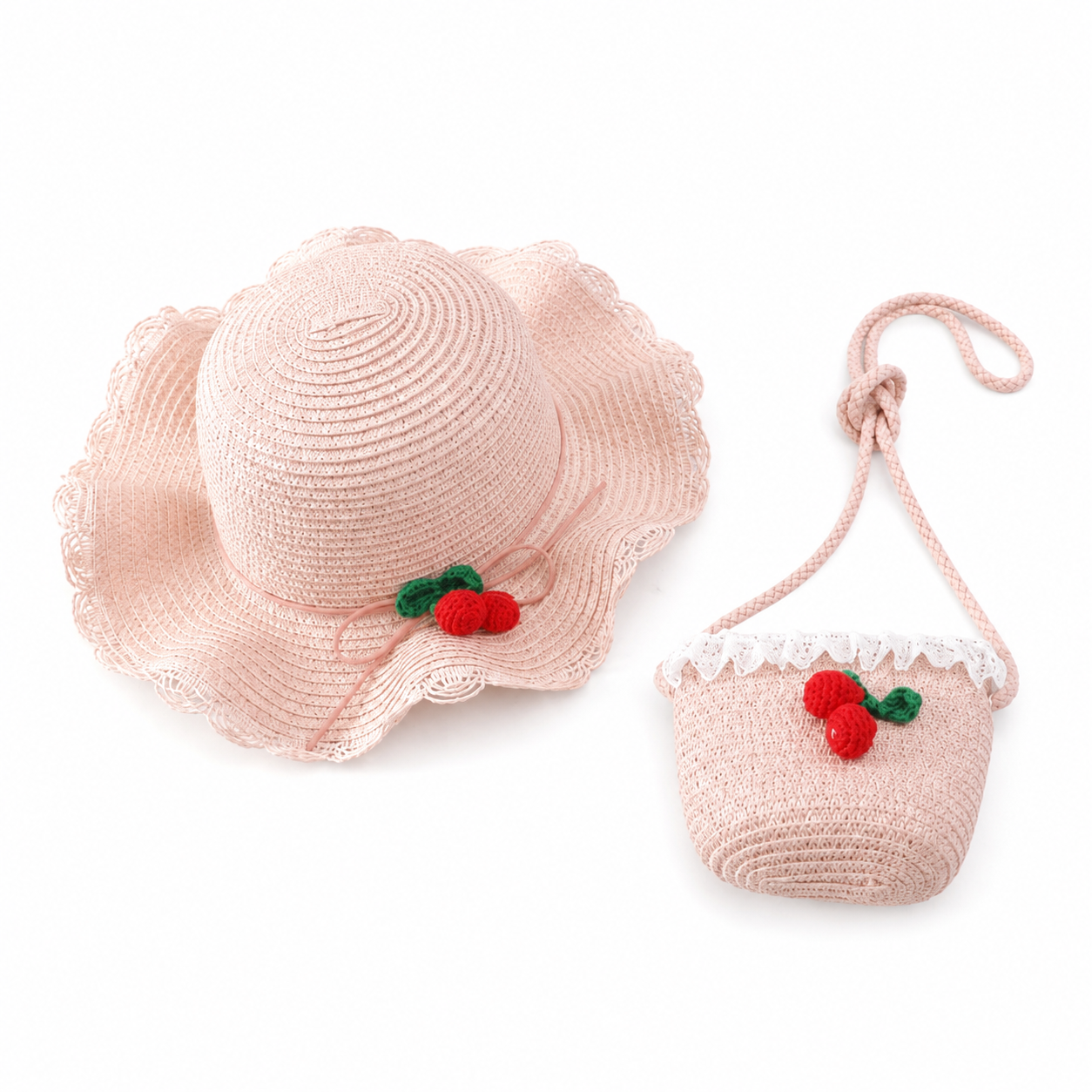 Girl Cherry Straw Hat Bag Set Princess Hat Beach Hat Sun Hat