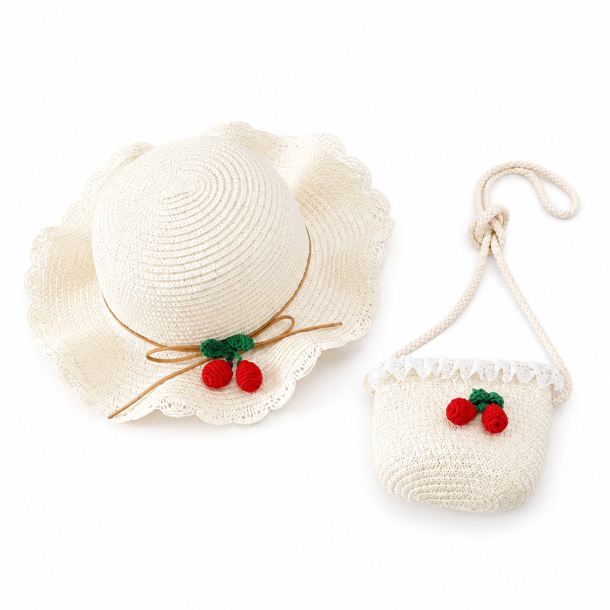 Girl Cherry Straw Hat Bag Set Princess Hat Beach Hat Sun Hat