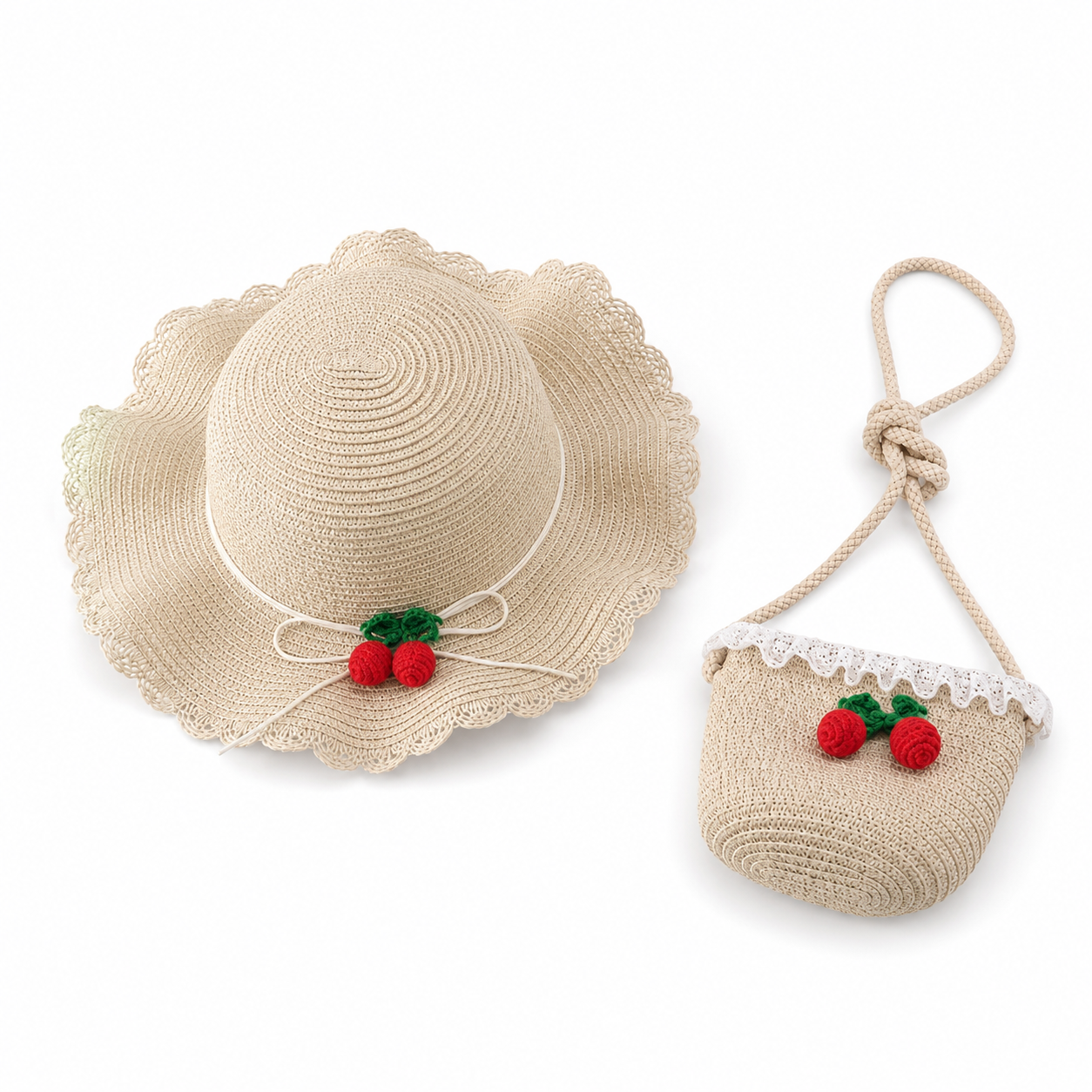 Girl Cherry Straw Hat Bag Set Princess Hat Beach Hat Sun Hat