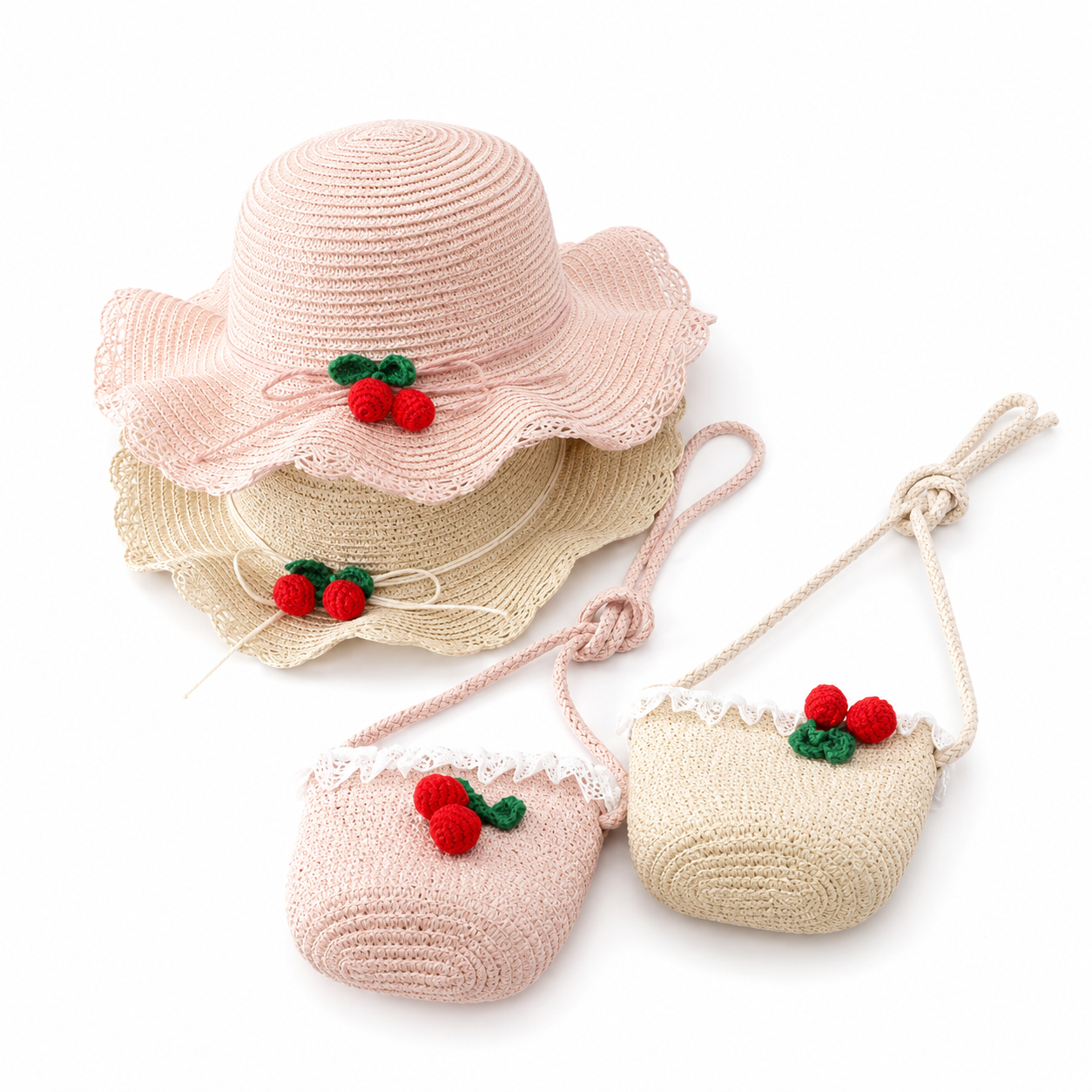 Girl Cherry Straw Hat Bag Set Princess Hat Beach Hat Sun Hat