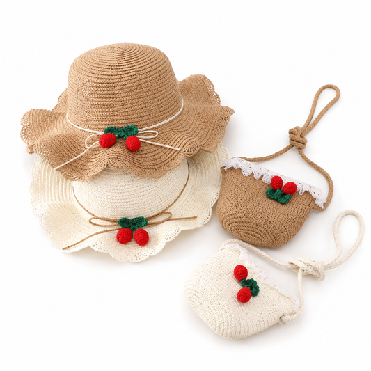 Girl Cherry Straw Hat Bag Set Princess Hat Beach Hat Sun Hat