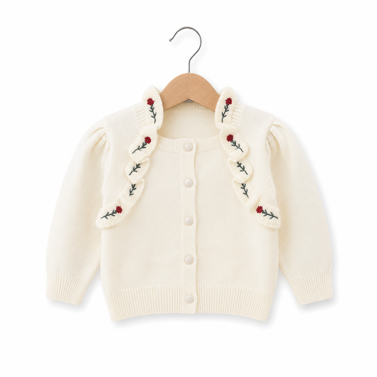 Lace Neck Rose Embroidered Girls Cardigan