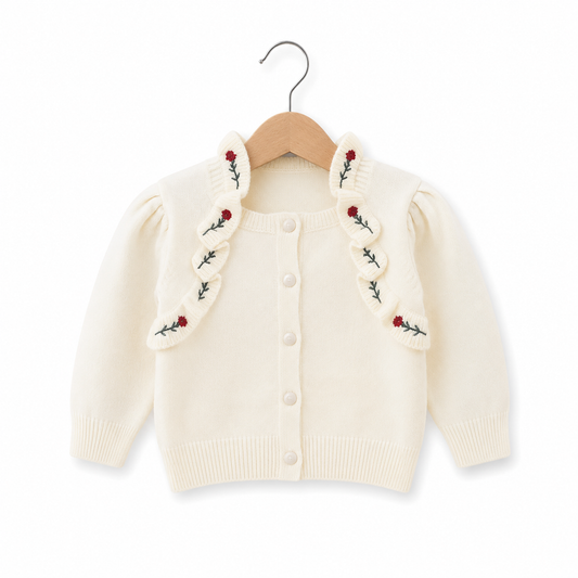 Lace Neck Rose Embroidered Girls Cardigan