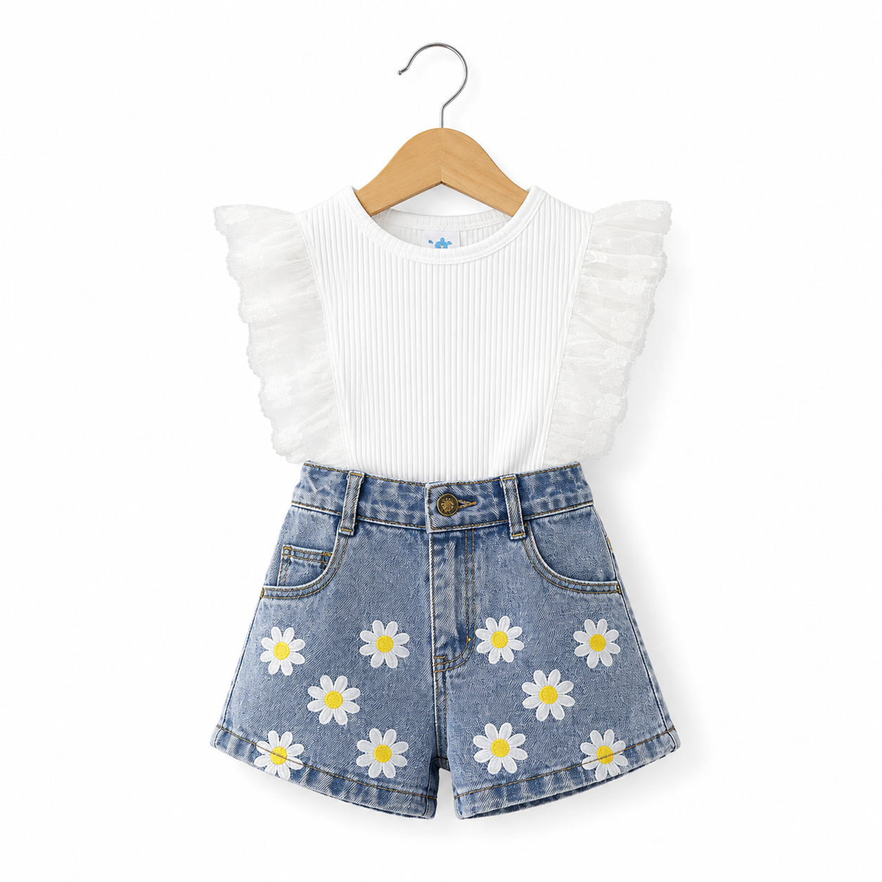Summer Girls' Suit Polka Dot Mesh Sleeves Denim Shorts