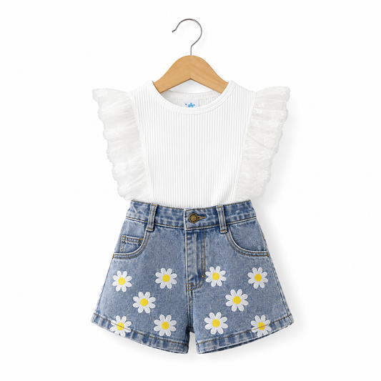 Summer Girls' Suit Polka Dot Mesh Sleeves Denim Shorts