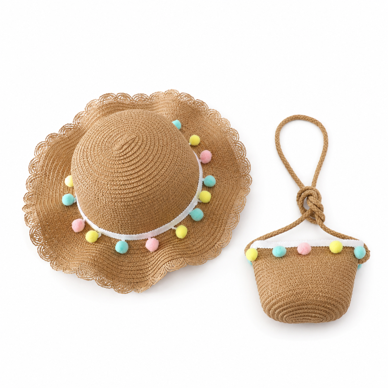 Two-Piece Summer Children's Hand-Knitted Bag And Sun Hat
