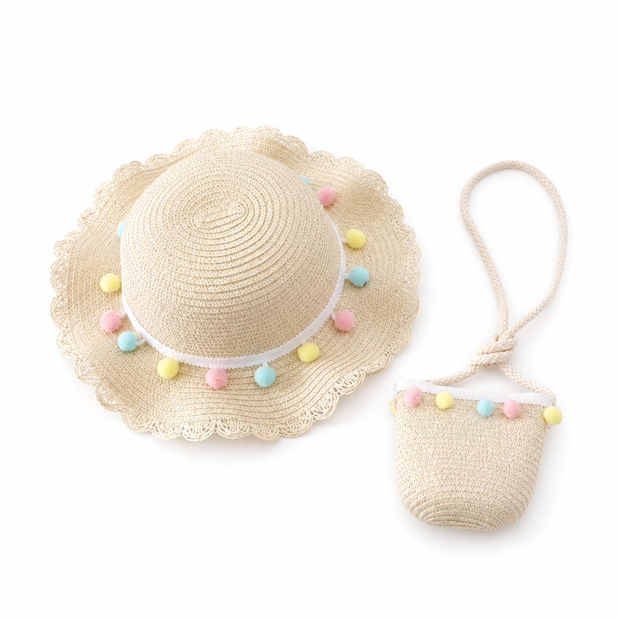 Two-Piece Summer Children's Hand-Knitted Bag And Sun Hat