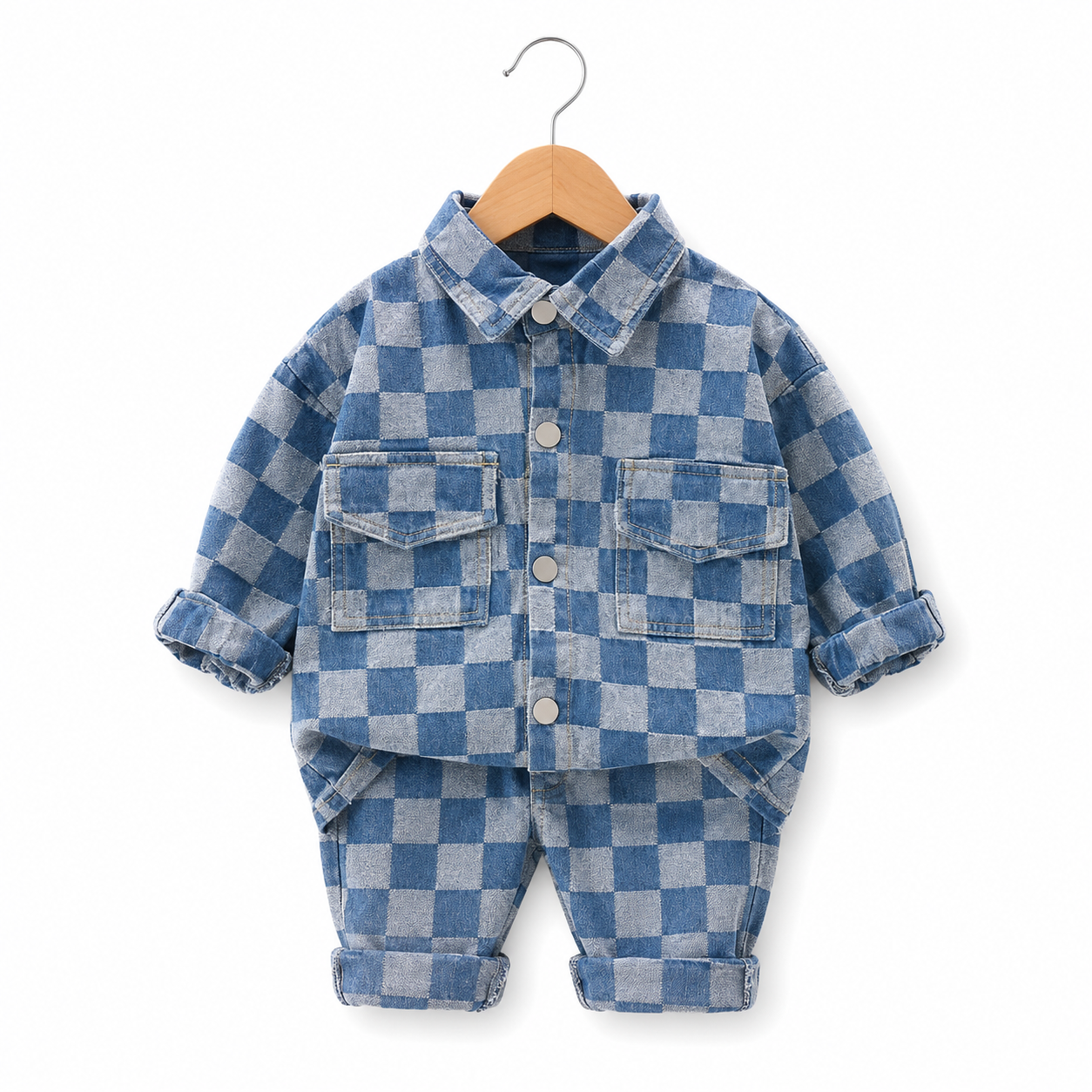 Blue Checkered Denim Utility Set