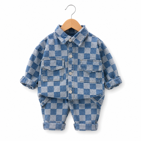 Blue Checkered Denim Utility Set