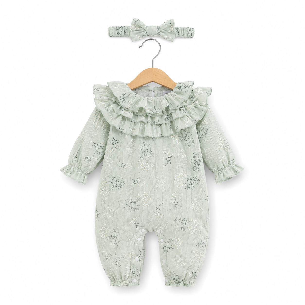 Baby Girls' Small Floral Lotus Collar Long-sleeved Jumpsuit Plus Headscarf
