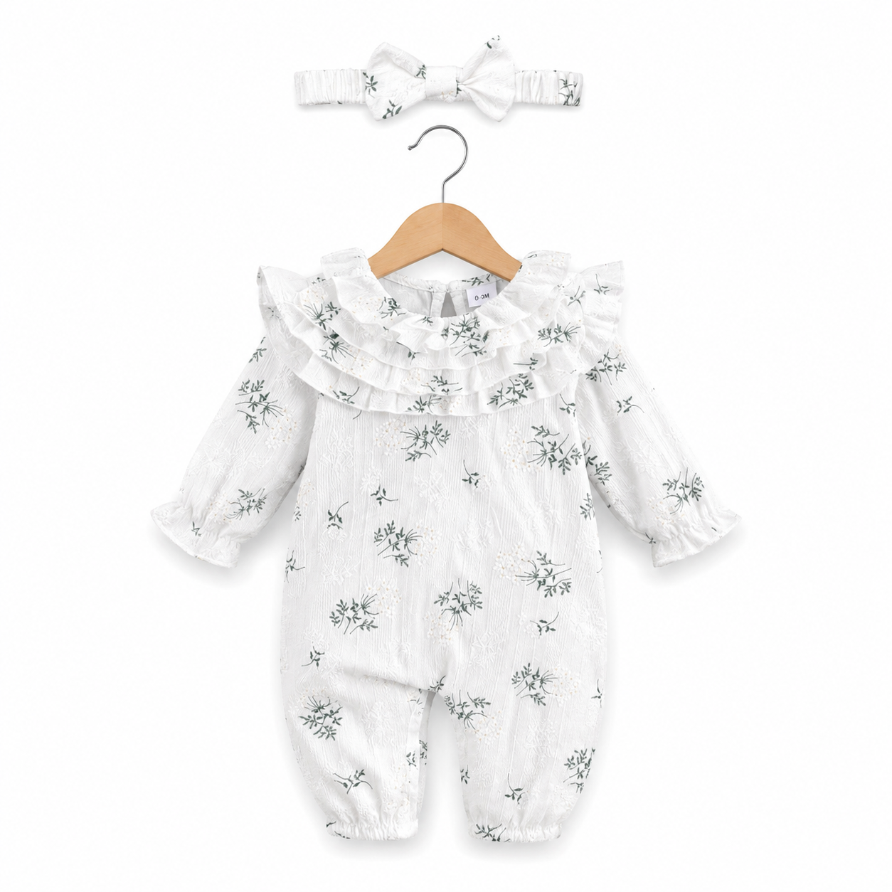 Baby Girls' Small Floral Lotus Collar Long-sleeved Jumpsuit Plus Headscarf
