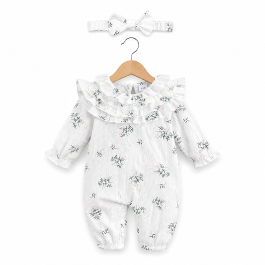 Baby Girls' Small Floral Lotus Collar Long-sleeved Jumpsuit Plus Headscarf