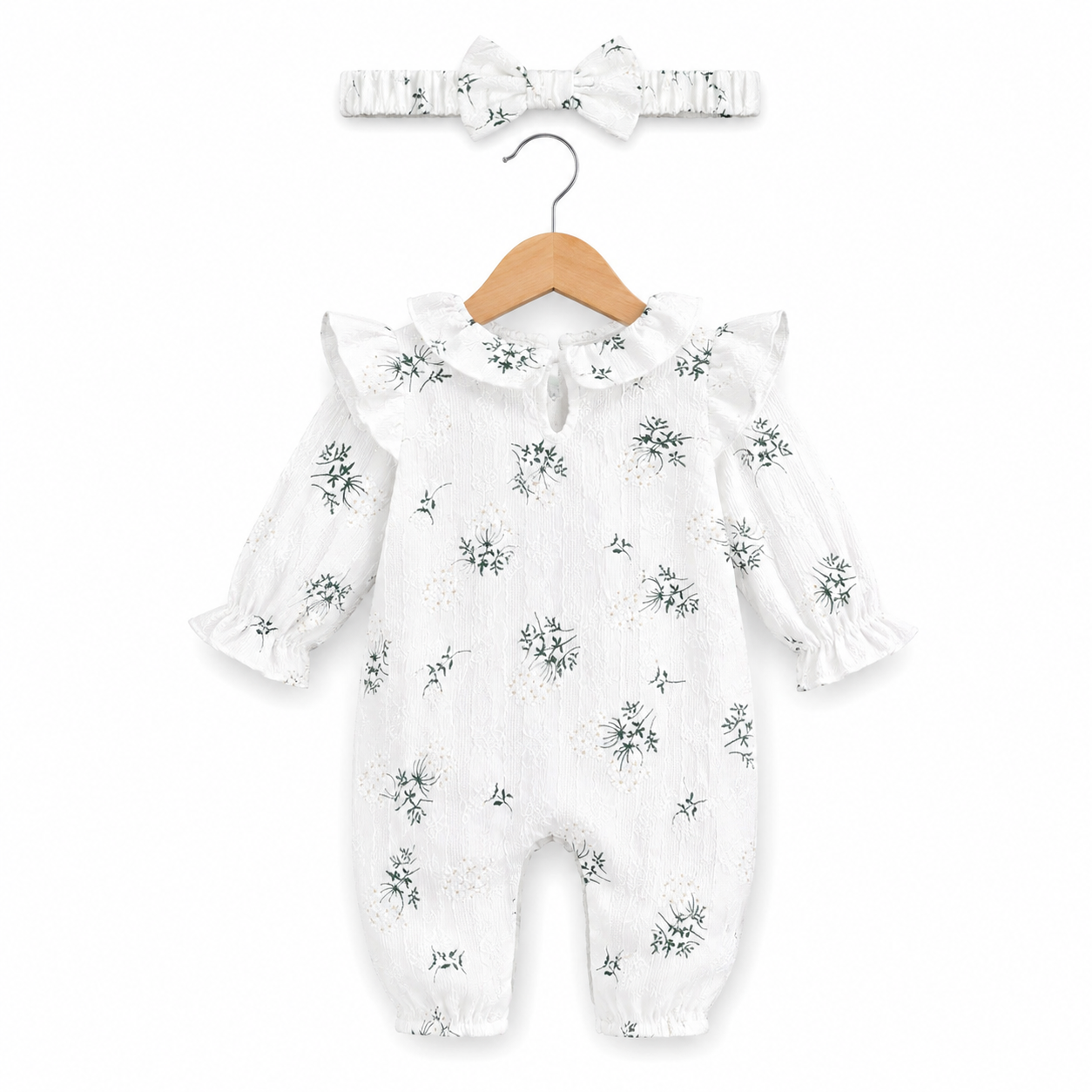 Baby Girls' Small Floral Lotus Collar Long-sleeved Jumpsuit Plus Headscarf
