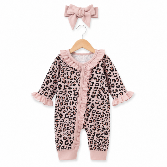 One-piece Leopard Print Single-row Long-sleeve Romper