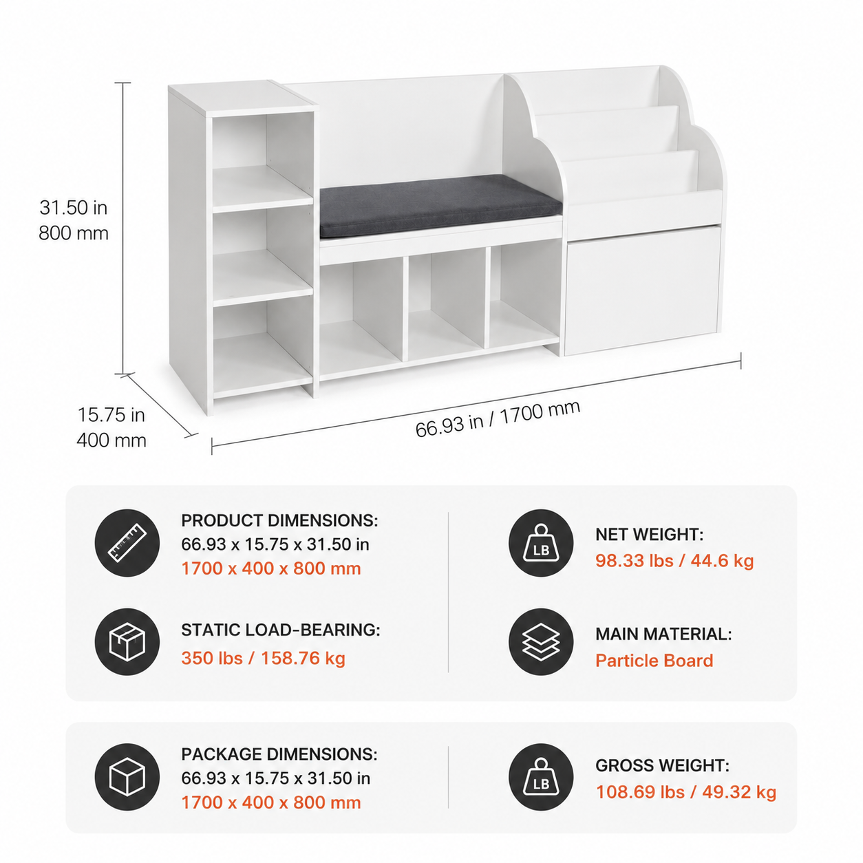 Kids Reading Nook & Toy Storage Bench with Bookshelf