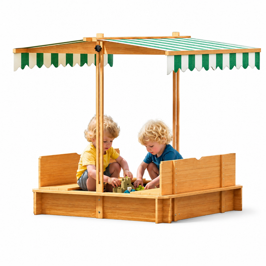 Wooden Montessori Sandbox with Canopy & Foldable Bench