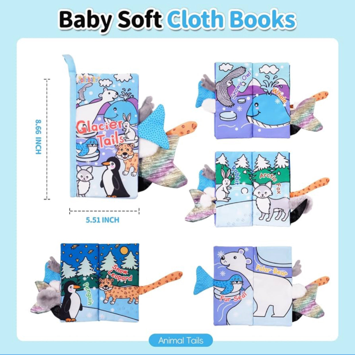 Baby Cloth Books, Soft Sensory & Tactile Books with Animal Tails for Babies & Toddlers, Interactive Educational Stroller Toy, Gift for Boys & Girls